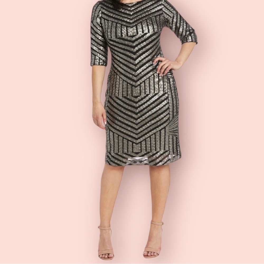 R&M Richards Black with All-Over Gunmetal  Sequins 3/4 Sleeve Cocktail Dress